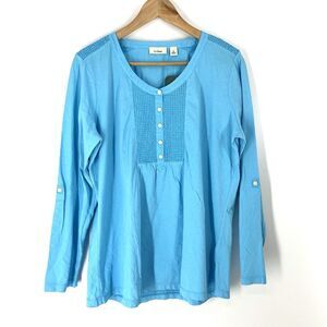 LL Bean Top Size Large Womens Teal Embroidered Cotton Long Sleeve Henley Shirt